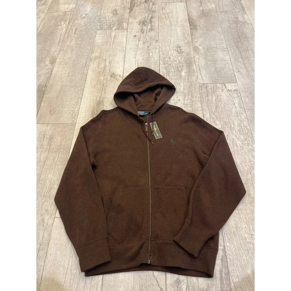 Polo Ralph Lauren Mens Brown Cotton Knit Full Zip Hoodie Teal Pony Logo Size M